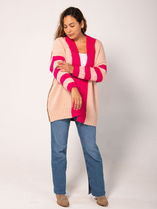 Cárdigan Largo Tejido Arcoíris Ponchos y Suéteres Dine & Dance Rosa Palo Tricolor